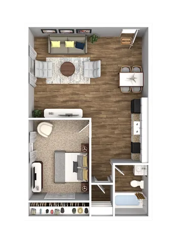 Chic 1-bedroom apartment floor plan with an open living area, modern kitchen, and elegant bathroom, featuring stylish wood flooring and cozy bedroom layout.