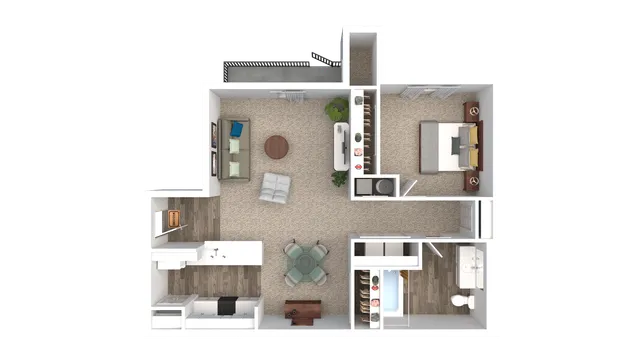 Modern 1-bedroom apartment floor plan with spacious living area, cozy kitchen, and elegant bathroom layout.