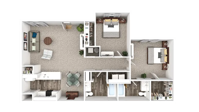 Contemporary floor plan showcasing 2 bedrooms, a spacious living room, modern kitchen, and elegant bathrooms with ample storage space.