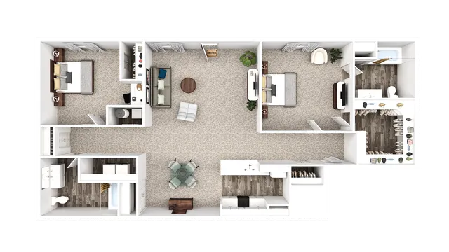 Inviting 2D floor plan showcasing 2 spacious bedrooms, a cozy living room, and a modern kitchen with dining area.