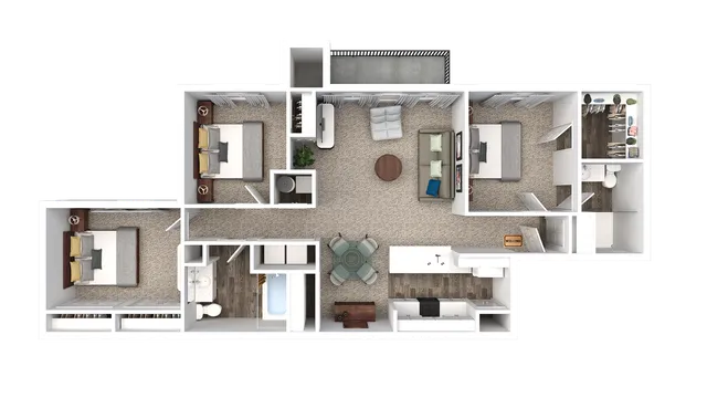 Modern apartment floor plan with two cozy bedrooms, spacious living area, stylish kitchen, and two bathrooms. Perfect blend of comfort and functionality.