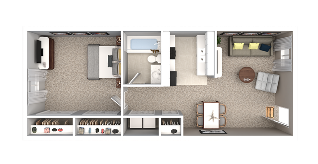 Chic 2D floor plan of a cozy apartment featuring one bedroom, an open living room, modern kitchen, and stylish bathroom.