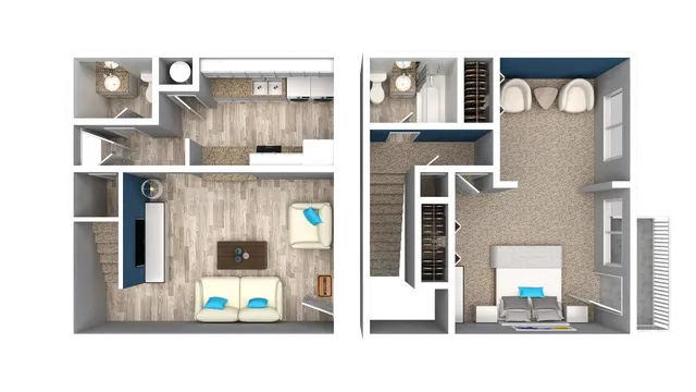 Modern two-level floor plan showcasing a cozy living room, stylish open kitchen, and spacious bedroom with an elegant en-suite bathroom.