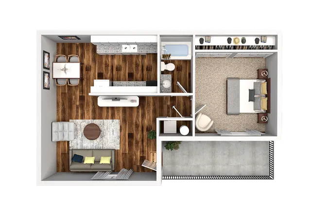 Elegant floor plan showcasing a spacious open living area, modern kitchen, cozy bedroom, and a stylish balcony.
