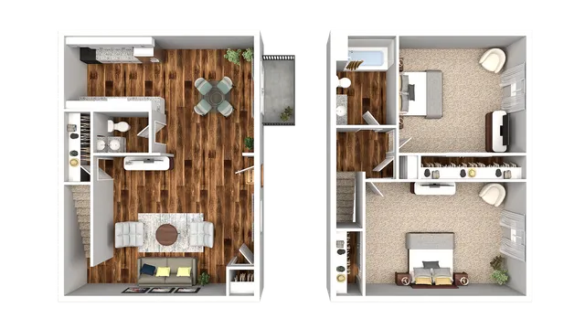 Chic 3D floor plan showcasing a modern two-level apartment with an airy open-concept living area, two cozy bedrooms, elegant wood flooring, and a private balcony.