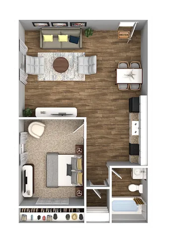 Elegant apartment floor plan showcasing a spacious living room, cozy dining area, modern kitchen, large bedroom with ample closet space, and a well-appointed bathroom.