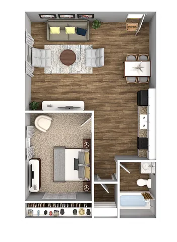 Contemporary apartment floor plan featuring a cozy bedroom, sleek living room, elegant kitchen, and stylish dining area with modern furnishings.