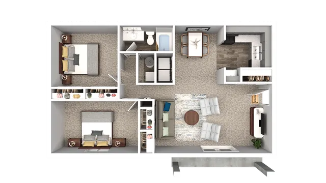 Contemporary 3D floor plan showcasing a cozy two-bedroom apartment with a spacious living area, modern kitchen, and elegant dining space.
