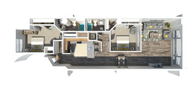 Modern 3D floor plan showcasing a spacious two-bedroom apartment with two bathrooms, a sleek open-plan kitchen, dining area, and a cozy living space featuring large windows for natural light.