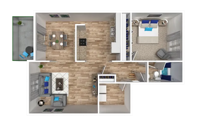 Elegant 2D floor plan showcasing a 1-bedroom apartment with a modern open-concept living and dining area, stylish kitchen, and private balcony.
