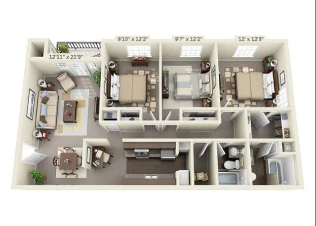Three Bedroom Apartment Floor Plan Image