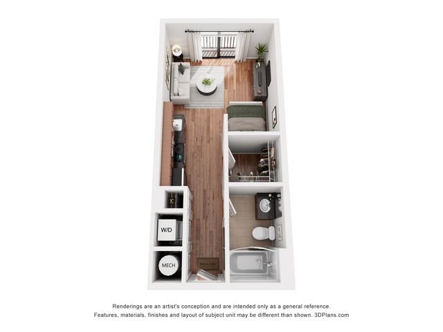 Modern studio apartment floor plan featuring an open living area, sleek kitchen, cozy bedroom, and functional bathroom layout.