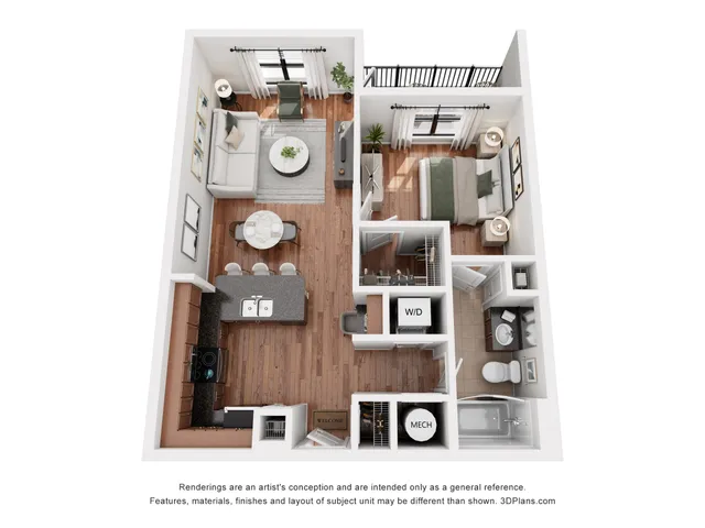 Charming 3D floor plan showcasing a cozy one-bedroom apartment with an open-concept living and dining area, modern kitchen, and private balcony.