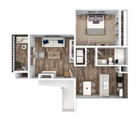 Modern 3D floor plan showcasing one-bedroom apartment with stylish living area, cozy kitchen, elegant bathroom, and inviting balcony.