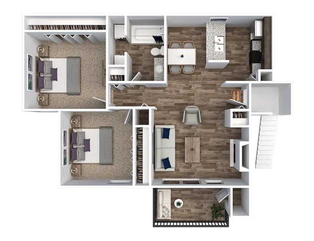 Modern 2D apartment floor plan showcasing 2 bedrooms, a stylish open-plan living and dining area, and a contemporary kitchen.