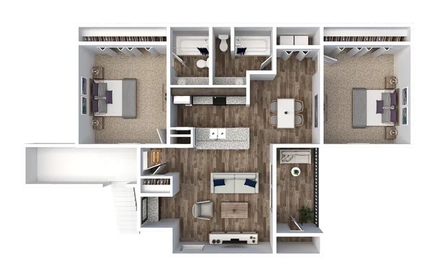 Modern 3D floor plan showcasing two spacious bedrooms, an elegant open-layout living room, chic kitchen with island, and dining area. Stylish interiors with ample storage, emphasizing comfort and functionality.