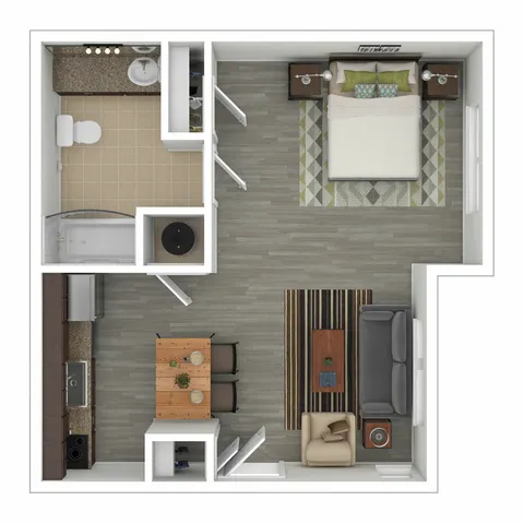 Charming 3D floor plan showcasing a cozy one-bedroom apartment with a spacious bathroom, a modern open-concept kitchen, and a welcoming living area.