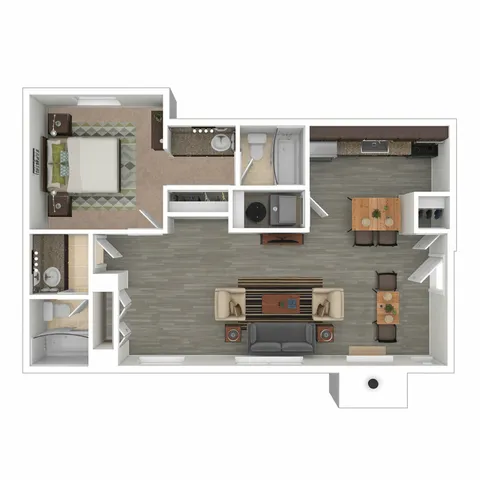 Modern floor plan showcasing 1-bedroom with ensuite, spacious open living area, sleek kitchen with dining space, and stylish bathroom layout.