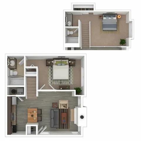 Chic 2D floor plan showcasing a two-story layout with two spacious bedrooms, inviting living room, modern open kitchen, and elegant bathrooms.