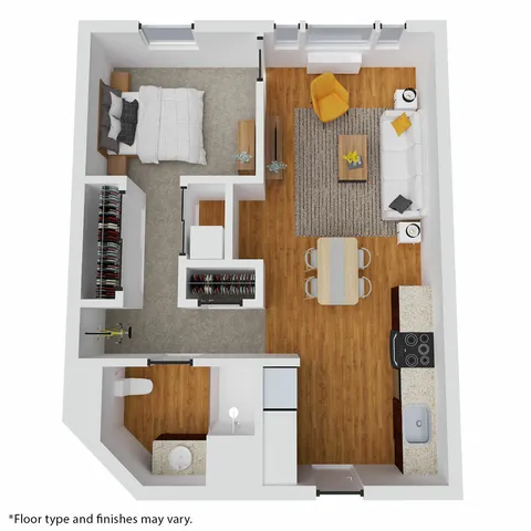 Modern 1-bedroom apartment layout featuring open-plan kitchen, inviting living area, walk-in closet, and elegant bathroom.