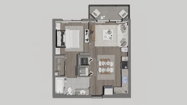 Modern 3D floor plan showcasing a one-bedroom apartment with an elegant living room, cozy dining area, and stylish kitchen. Includes a luxurious bathroom and private balcony.