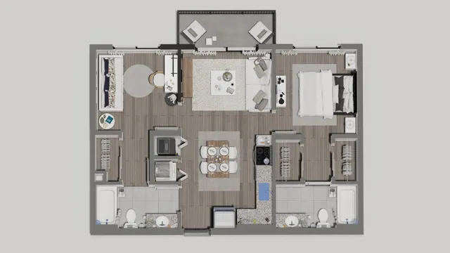 Modern 3D floor plan showcasing a spacious apartment with a luxurious bedroom, stylish living area, and gourmet kitchen, complete with two elegant bathrooms and ample storage space.
