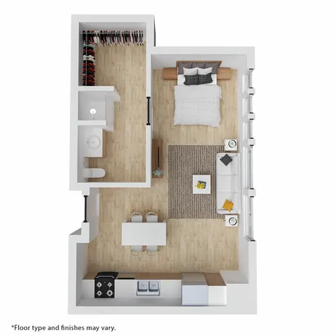 Modern 1-bedroom apartment floor plan featuring an open living area, sleek kitchen, cozy bedroom, and spacious closet.