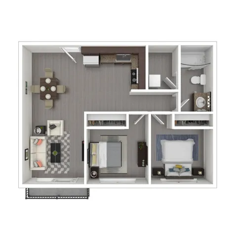 Contemporary 2D floor plan featuring 2 bedrooms, a sleek open-concept kitchen with dining area, and a cozy living room.