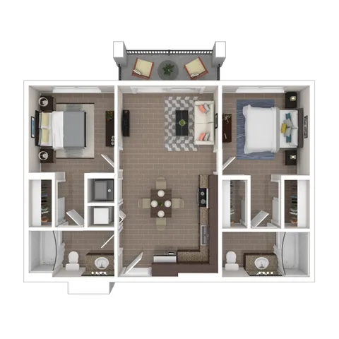 Elegant 3D floor plan showcasing 2 bedrooms, open-concept living and dining area, and a modern kitchen with ample storage. Includes two bathrooms and a cozy balcony for outdoor relaxation.