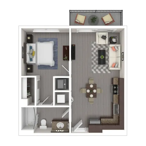 Modern one-bedroom apartment floor plan with an open-concept living area, stylish kitchen, cozy bedroom, and inviting balcony.