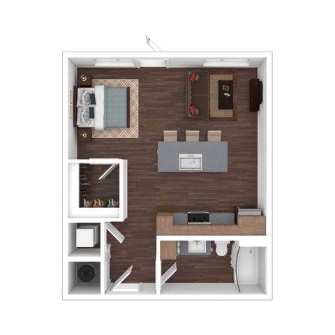Modern 2D floor plan featuring an open-concept living area, cozy bedroom, stylish kitchen, and spacious closet.