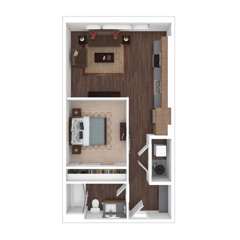 Modern 3D floor plan featuring a luxurious one-bedroom apartment with an open living area, sleek kitchen, and elegant bathroom layout.