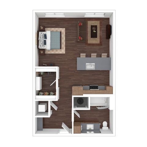 Modern open-concept floor plan featuring a spacious bedroom, stylish living and dining area, and a sleek kitchen with a large island.