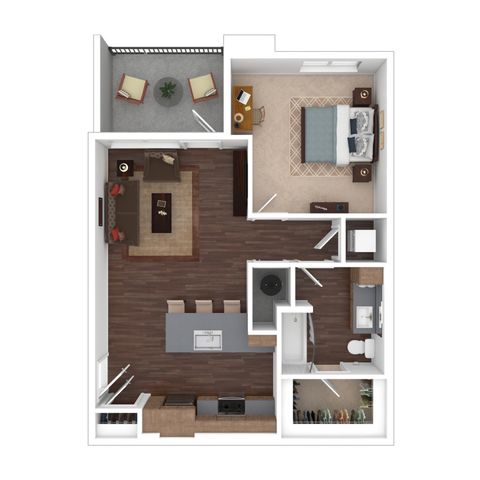 Modern apartment floor plan featuring one spacious bedroom, open-concept living and dining area, gourmet kitchen with island, elegant bathroom, and a cozy balcony.