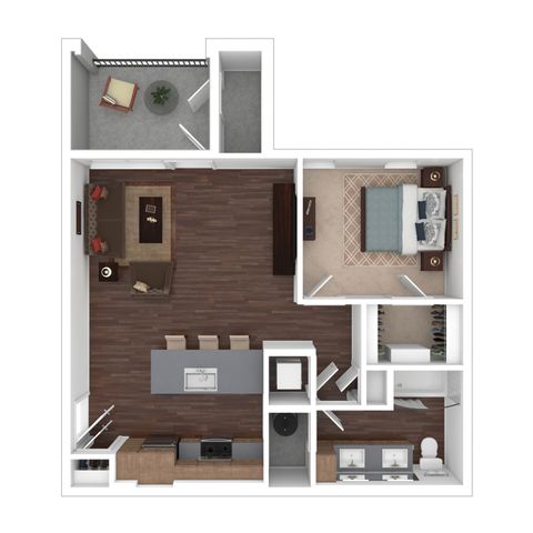 Modern open-plan floor layout featuring one bedroom, spacious living area with wooden flooring, stylish kitchen with island, and private balcony.
