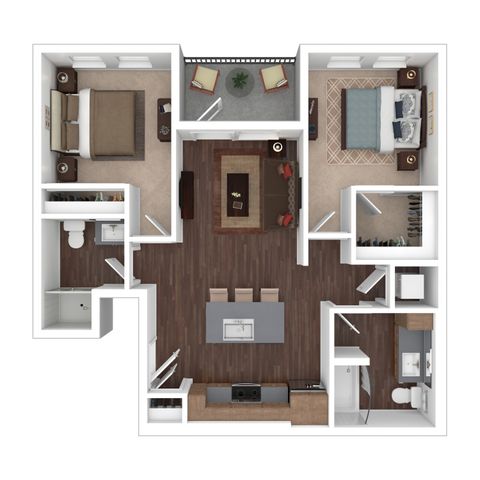 Modern 3D floor plan showcasing 2 elegant bedrooms, an open-concept living and dining area, sleek kitchen with island, and private balcony.