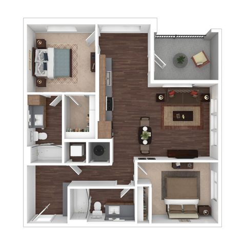 Modern apartment floor plan featuring one spacious bedroom, an inviting open-concept living area, sleek kitchen, and two luxury bathrooms with a private balcony.