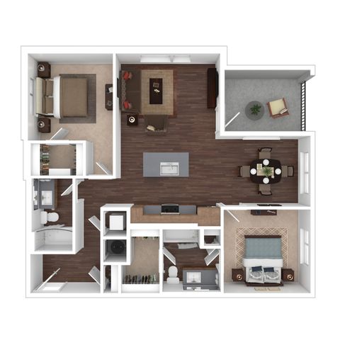 Modern open-concept floor plan with 2 bedrooms, spacious living room, elegant dining area, stylish kitchen, and cozy balcony.