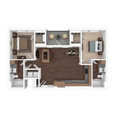 Contemporary floor plan showcasing 2 spacious bedrooms, a modern open-concept living and kitchen area, and dual bathrooms. Includes a cozy balcony and ample storage space.