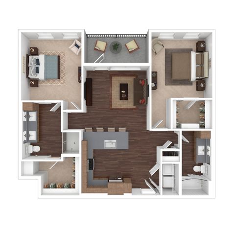 Modern floor plan showcasing 2 spacious bedrooms, stylish open-concept kitchen, inviting living area, and 2 elegant bathrooms.