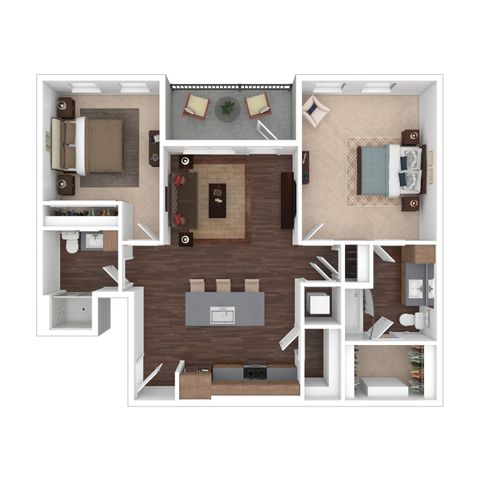 Modern 2D floor plan showcasing 2 spacious bedrooms, an open-concept living and dining area, stylish kitchen with island, and two bathrooms. Includes a cozy balcony for relaxation.