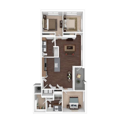 Modern 3D floor plan showcasing a 2-bedroom apartment with a cozy open-concept living area, stylish kitchen, and spacious bathrooms.