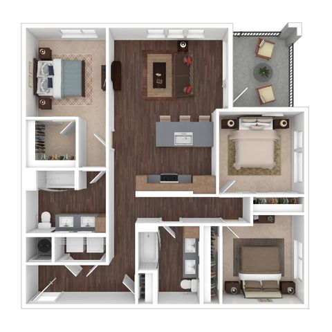 Modern 3D floor plan showcasing three bedrooms, open-concept living and dining area, stylish kitchen island, and private balcony.