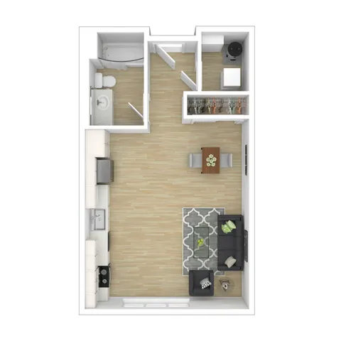 Modern floor plan showcasing a cozy living area, sleek kitchen, elegantly arranged dining space, and a well-organized bathroom with tub.