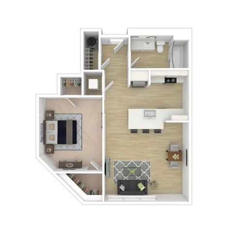 Modern floor plan displaying an elegant 1-bedroom layout with a spacious open-concept kitchen and living area, plus a sleek bathroom.