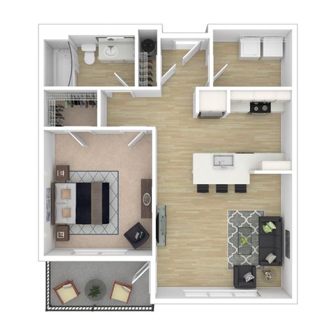 Modern 3D floor plan featuring one bedroom, open-concept kitchen and living area, and a cozy balcony layout.