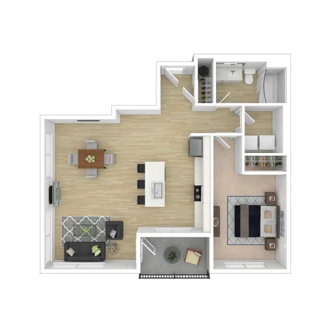 Modern apartment floor plan showcasing 1 bedroom, an open-concept living and dining area, a sleek kitchen with an island, a stylish bathroom, and a cozy balcony.