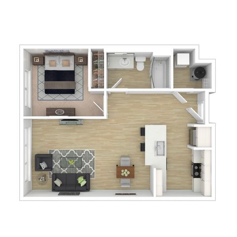 Modern 3D floor plan showcasing a spacious one-bedroom apartment with open-concept living area, sleek kitchen island, and stylish bathroom.