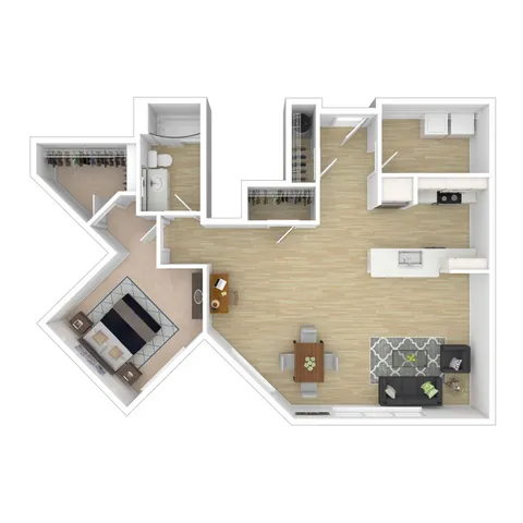 Modern 1-bedroom apartment floor plan with spacious open-concept living room, sleek kitchen, and cozy dining area.