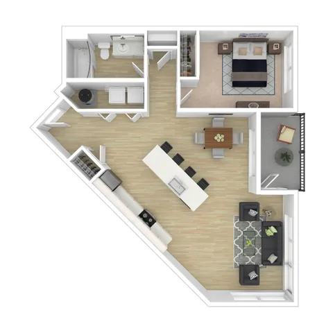 Modern 3D floor plan with 1 bedroom, open-concept living and dining area, sleek kitchen, and cozy balcony.